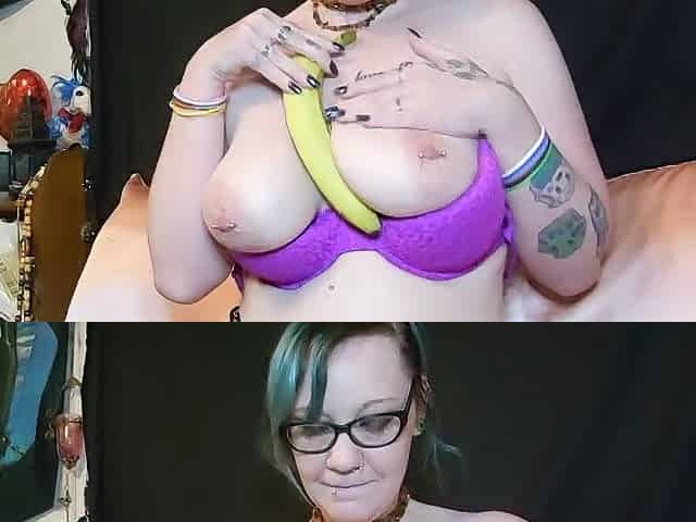 Chick gives oral pleasure fun and this chab cums on banana, sweetheart eats cum overspread banana