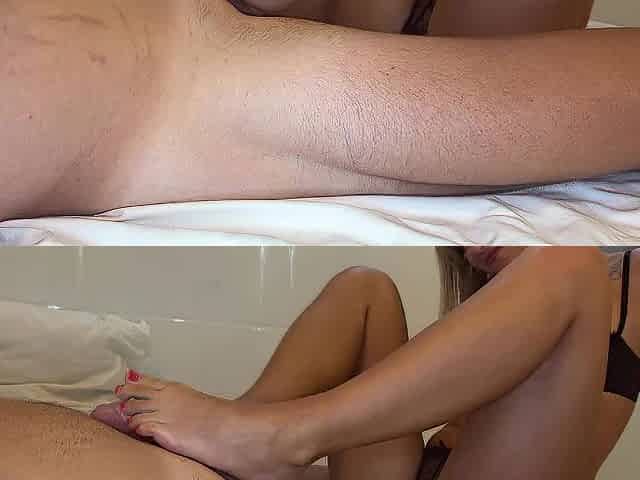 Slim golden-haired does tugjob and footjob overweight ramrod with lubricant