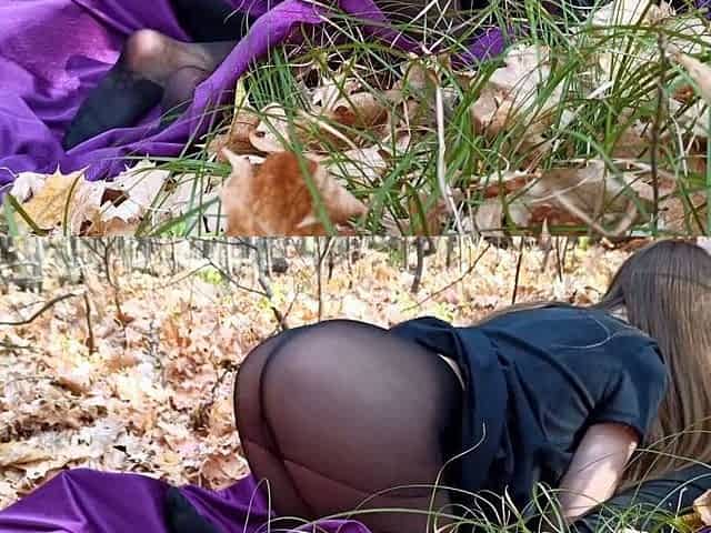 Public fuck in autumn forest with a big-ass teen bitch.