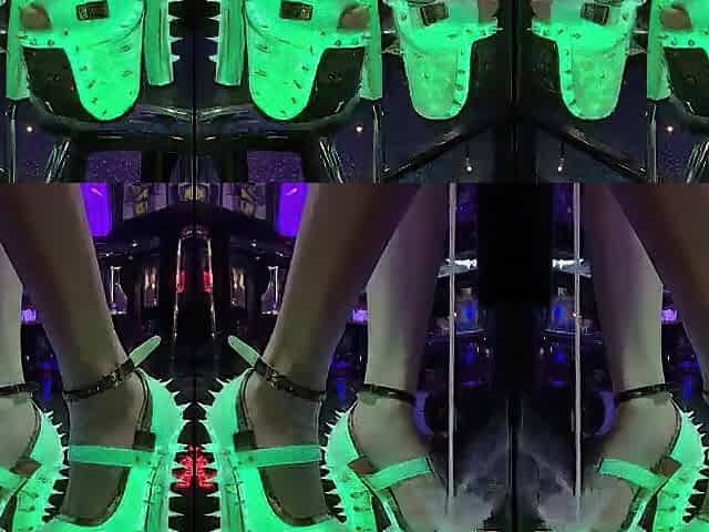 Sexy Beauties stands in High-Heels on a counter in a nightclub. Lots of cum on legs and schoes. Lengthy Legs