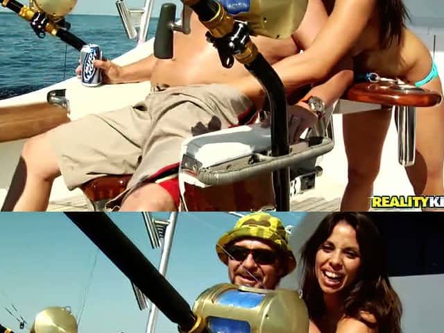 Adorable brunette Angelina gets fucked by two dudes in a boat
