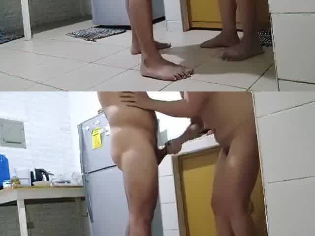 Standing position in the kitchen. Fellatio.