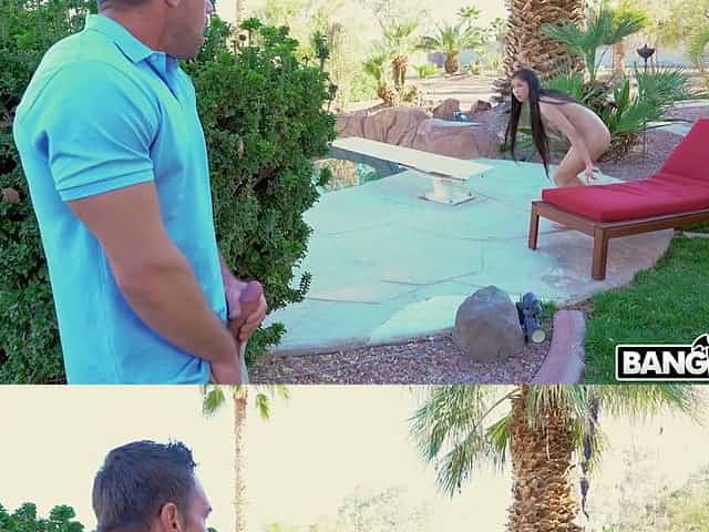 Johnny Castle is spying on topless sunbathing Asian nextdoor babe Jade Kush