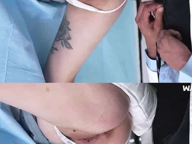 Busty patient woman Katie Kinz is doing the guy a physical with her breasts