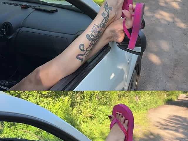 Pink Flip Flops on My Pretty Feet with Long Toes in Outdoor, on the Road, Grass, in the Car, Red Toenails Polish