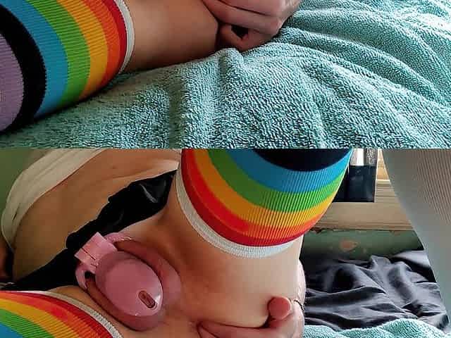 Femboy Locked in cage stretches taut hunk twat