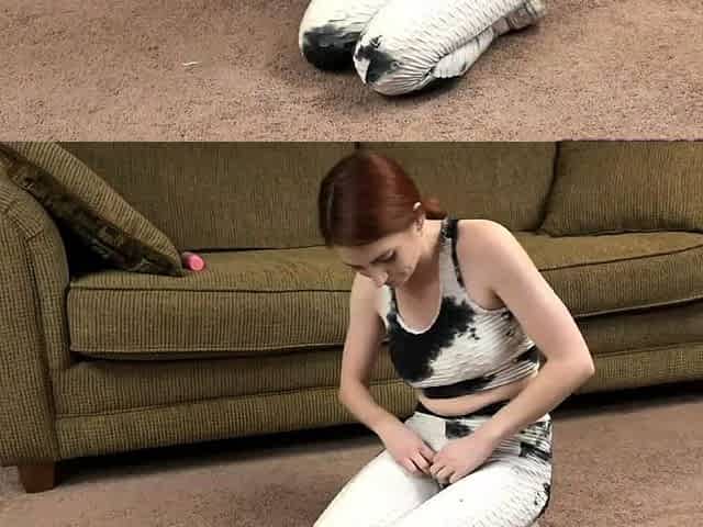 Teen Aria Carson fucks a dildo in her torn yoga pants