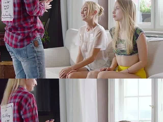 Mature teacher easily turned two blonde teens into lesbians