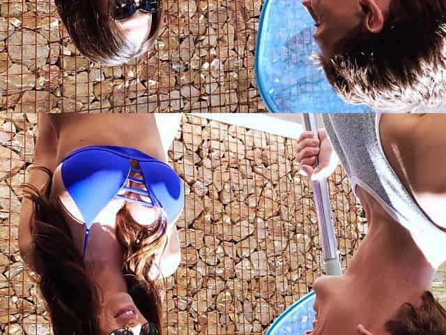 Brunette MILF Ariella and hunky stud Rion heat up the pool in a steamy outdoor scene