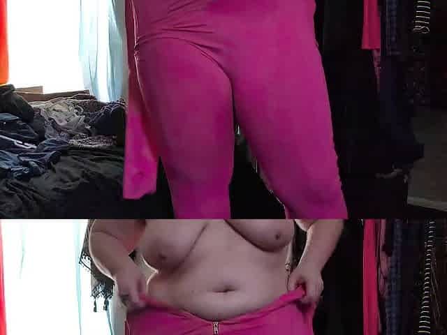 trying on this stretchy pink bodysuit