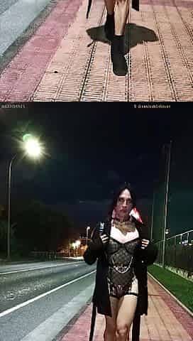 Taniax walks around the town in hawt ebony underware,showing her small shlong in flat chastity cage