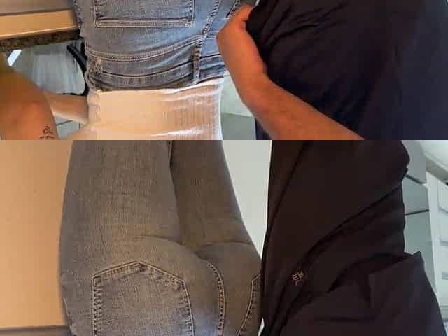 Maid large butt using jeans during the time that cleans the kitchen