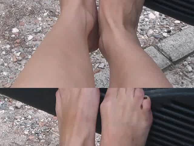 Shoeplay with Black Leather Flats on Barefoot Outside