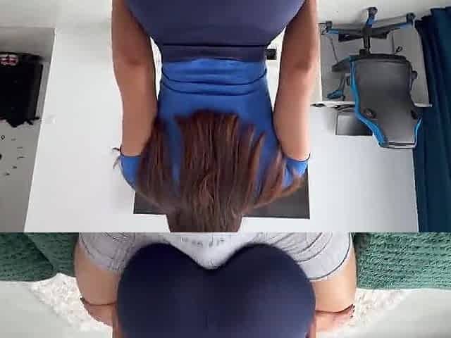 Stepsis humping my jock with her large butt in blue leggings