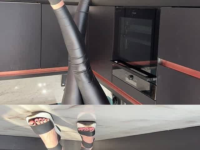 Sandals and Black Tight Leather Leggings, Black Toenails Polish