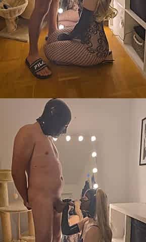 Latex Girl in Heels and Fishnet Stockings Gets Fucked and a Big Cumshot on Her Masked Face!