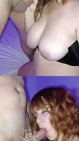 Fellatio and spunk fountain in redhead throat with large titties