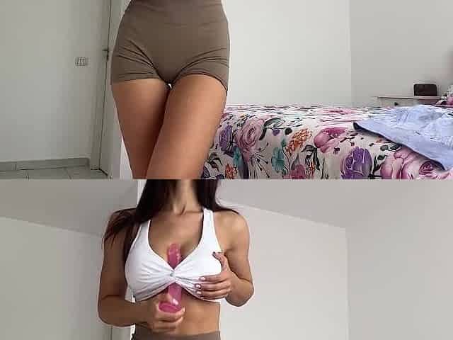 Sexy brunette hair tries brassiere