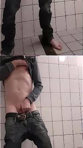 a intens spunk flow in the washroom after my excited tugjob. Stripping half to strip my slim boddy
