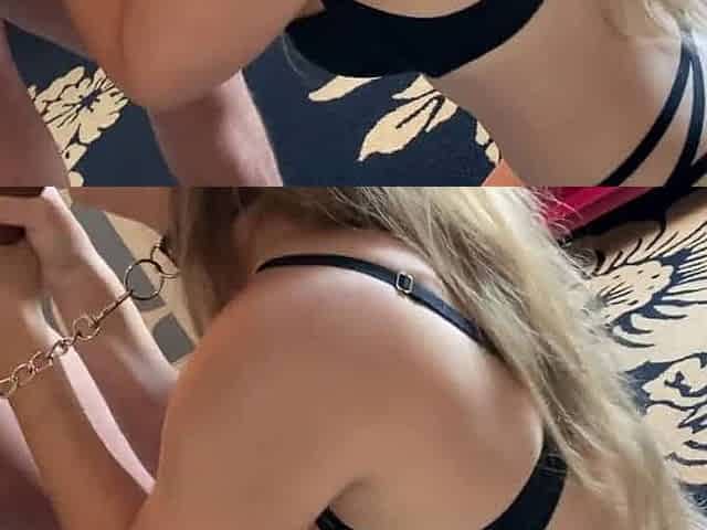 Hot Girl Leashed, Worships Bull's Big Cock at the Door