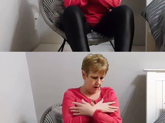 Satin blouse and shiny leggings