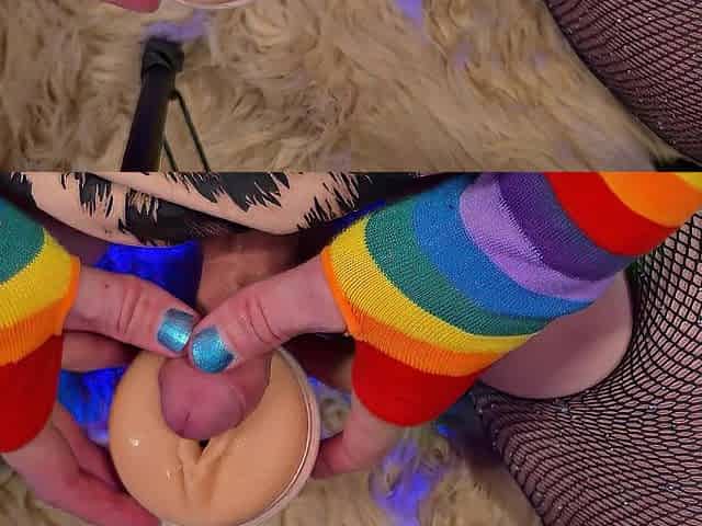 Femboy teases constricted moist pocket twat and cums in it close-up