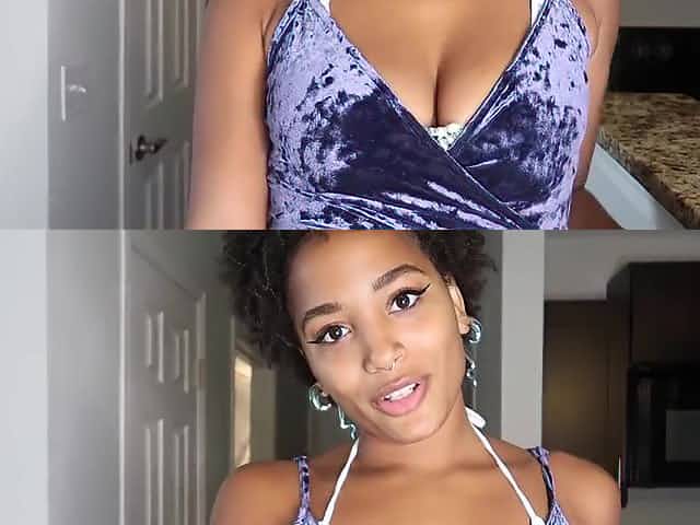 Amateur ebony babe with beautiful black tits gives POV blowjob to dildo and rides it - homemade solo
