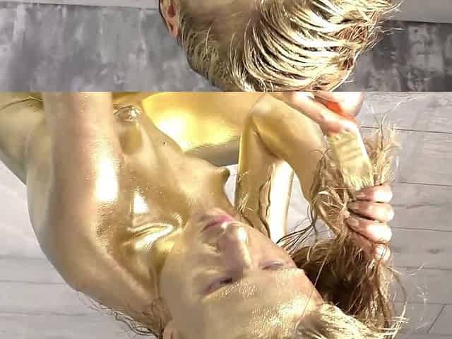 Beautiful Golden Body Art and Gentle Sex with a Golden-skinned Beauty