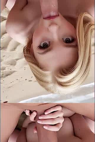 Oral job at the Beach [AI] Blonde Brown Eyes Tugjob Lactation Jizz flow POV Drool Bouncing Melons Various Angles