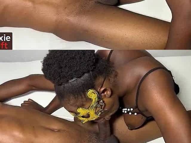 Nice-looking ebony cutie sucks a bbc and gets drilled