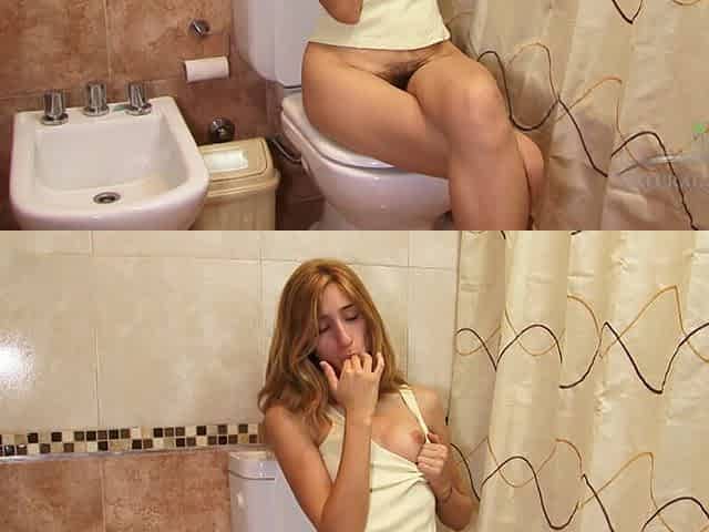 Mariana masturbates in the bathroom, fingering her hairy pussy and caressing her tits