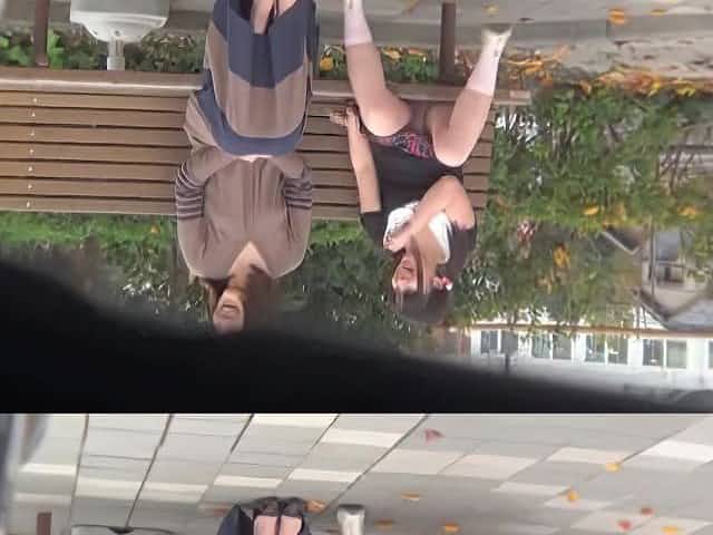 Asian teens sitting on the bench and flashing panty upskirts