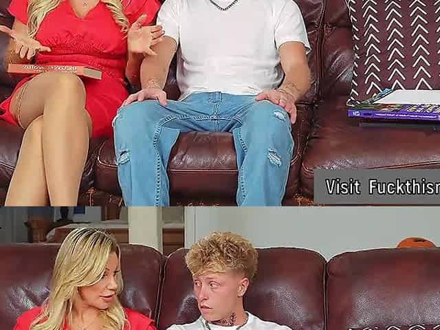 Naughty blonde MILF Brittany Andrews sucks and fucks nerd's stepson's cock in rough sex session