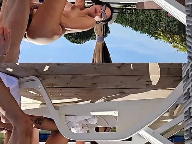 Amateur naughty couple has fun on the sunbed out in public