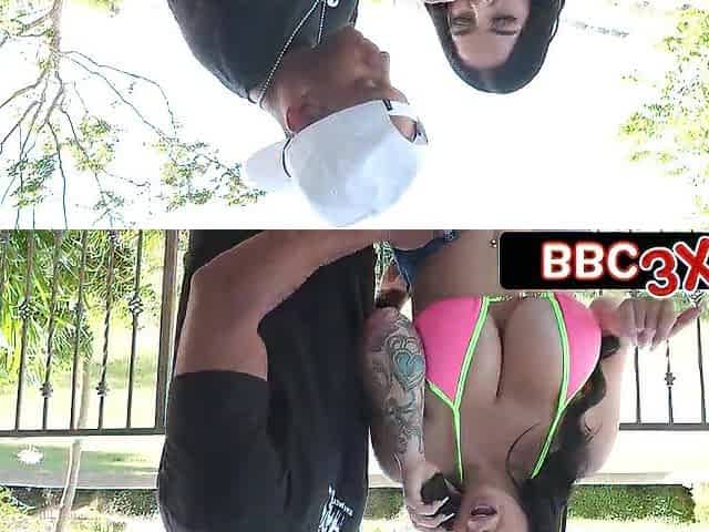 Outrageous Outdoor Screw with a Breasty Brunette hair and a Hung BBC Dude