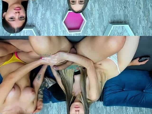 Schoolgirls Kissing and Riding Cock