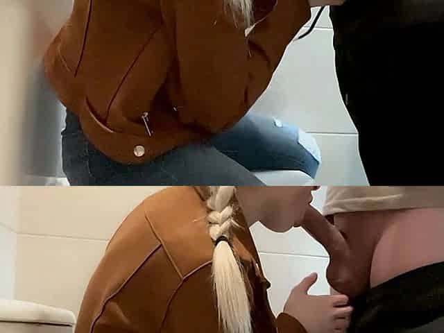 Busty Blonde Sucks Cock in the School Bathroom