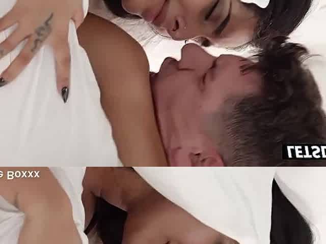 Inked Honey with Large Natural Bazookas Rides and Takes It Missionary on White Sheets