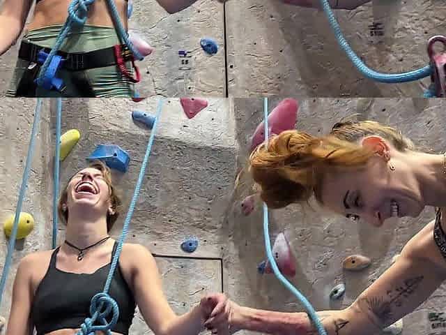 Hot Punk Climber Gals Flashing Their Natural Bazookas at the Climbing Gym