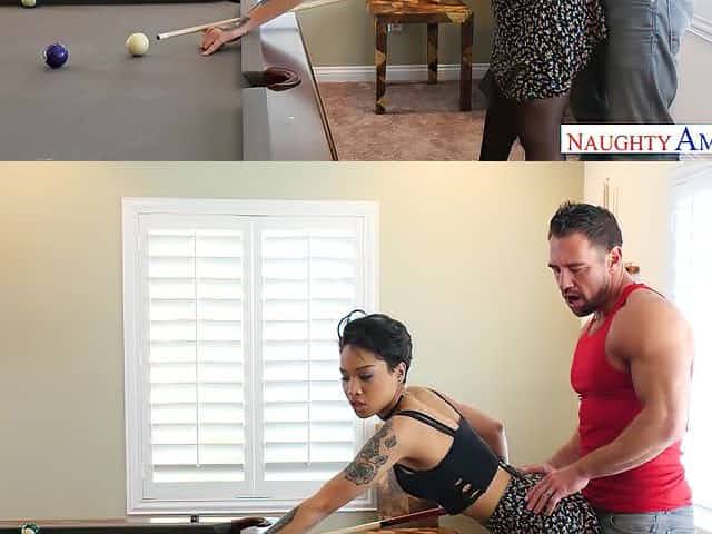 Short haired brunette in black stockings is nailed missionary on the table