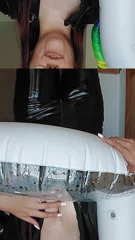 Latex Catsuit and Swimming Ring Masturbation