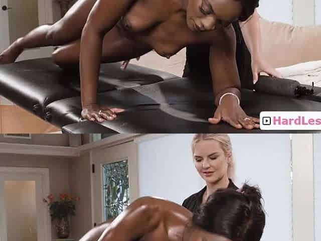 Hawt black client tempted by her blondie masseuse and have a fun melons massage