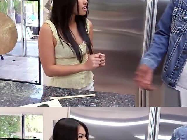 Shy japanese babe bent over in the kitchen