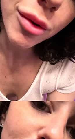 Busty curly brunette with big boobs fucks on couch