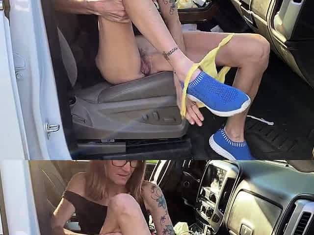Skinny granny flashing her hairy pussy in the truck