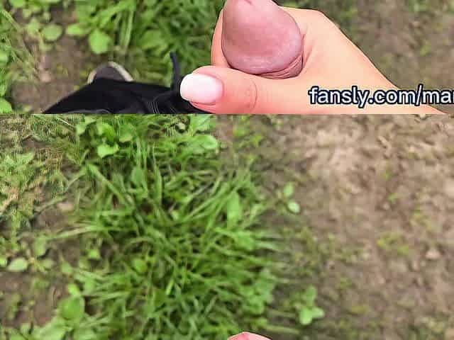 Risky Tugjob in Open Field - Nearly Caught! POV Outdoor Spunk fountain