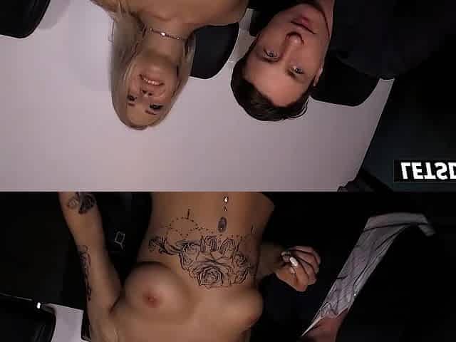 Golden-haired With Rose Chest Tattoo Gets Her Melons Sucked and Pussy Eaten in the Back of a Van