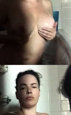 Busty curly brunette with big boobs fucks on couch