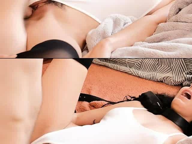 Small titted brunette teen fingering on the bed