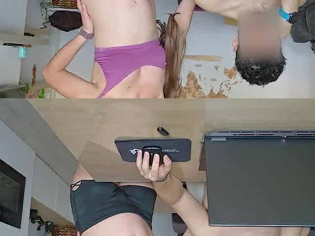 Preggy rubbing her vagina on the table whilst her boyfriend plays